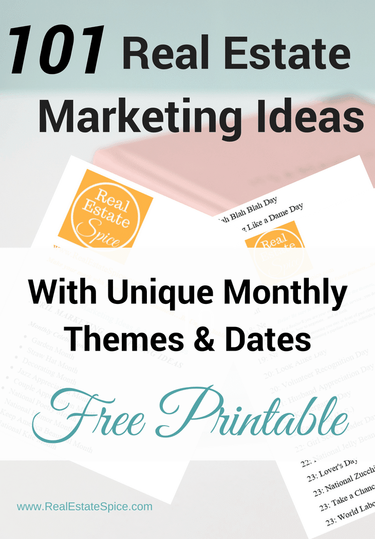 101 Real Estate Marketing Ideas That Actually Work. Created by a Realtor For Realtors. Includes Monthly Unique Themes & Dates. Includes a free printable. #Real Estate Marketing #Real Estate Marketing Ideas #Realtor #Real Estate #Marketing #Sales tips #Real Estate Tools #Realtor Help #RealEstateLeads #RealEstateMarketing #RealEstateIdeas #RealtorMarketing #RealEstateMarketingIdeas #RealEstateTools #RealtorHelp #RealEstateLeadGeneration #marketingideas