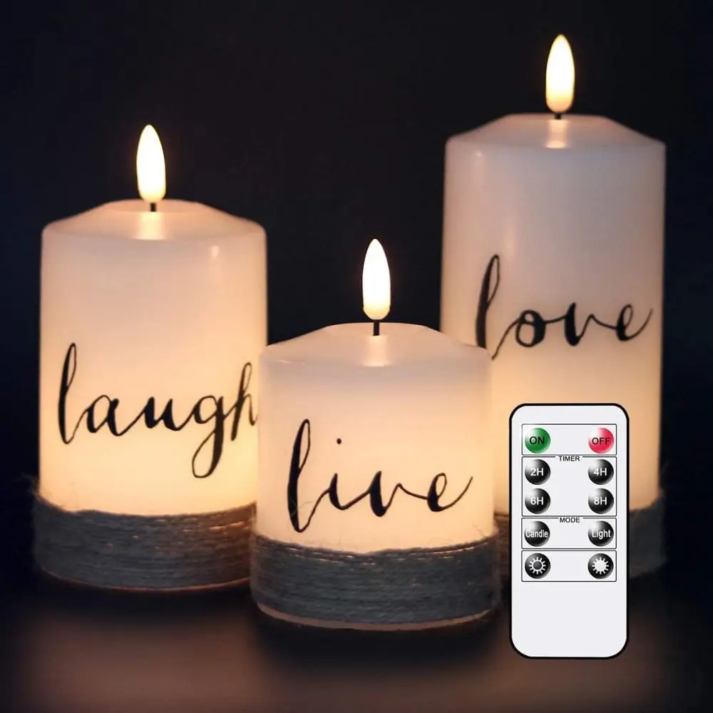 3 flameless candles says laugh live love with remote