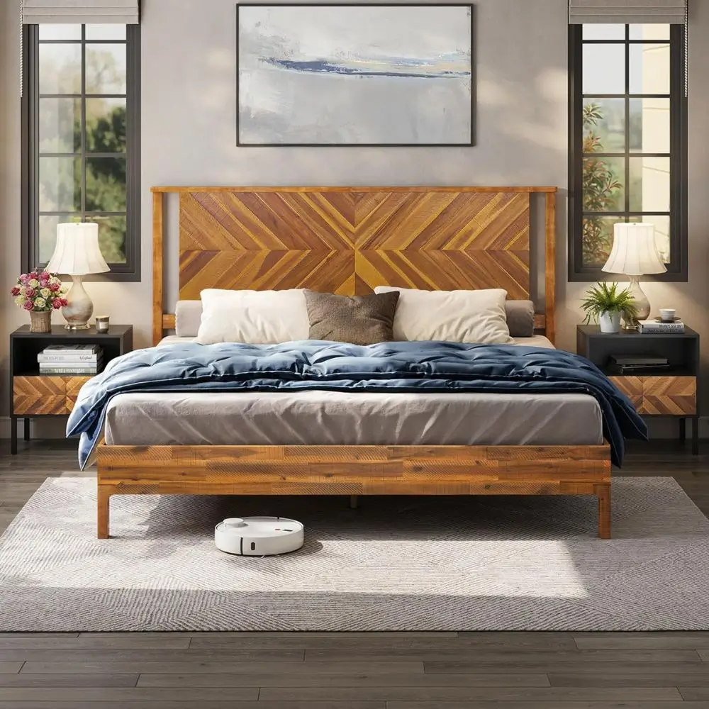 Acacia wood bed frame with headboard