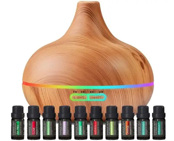 Aromatherapy Diffuser & Essential Oil Set - Ultrasonic Top 10 Oils Modern with 4 Timer 7 Ambient Light Settings Therapeutic Grade