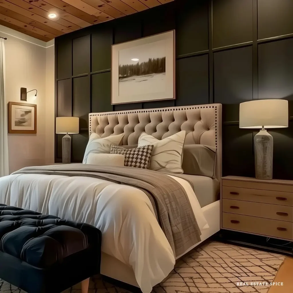 Bed with a nightstand and lamp on both sides in a bedroom designed for two people