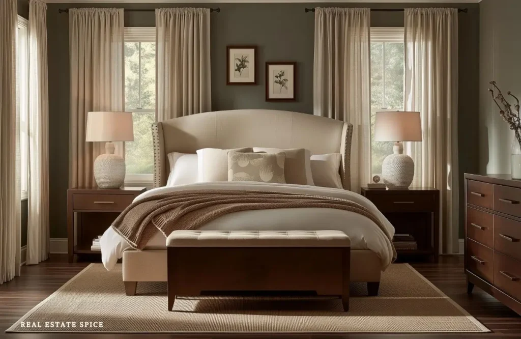 Bedroom framed by full-length cream curtains and a large neutral rug beneath the bed