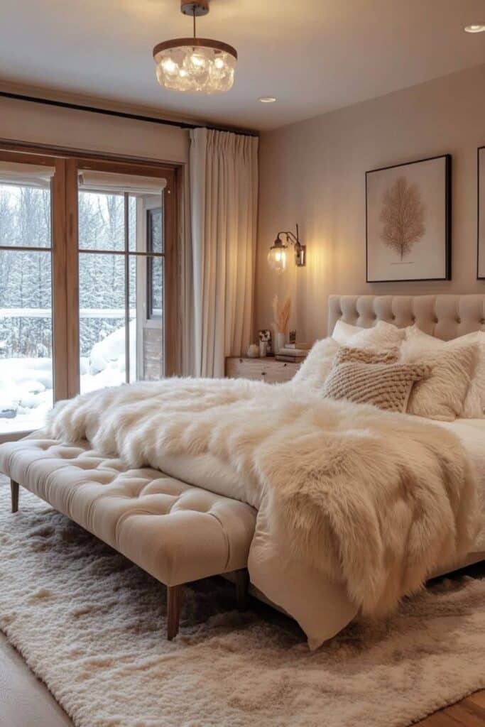 Bedroom refresh with switch to faux fur blanket during the season this is winter faux fur throw blanket with wool throw pillows