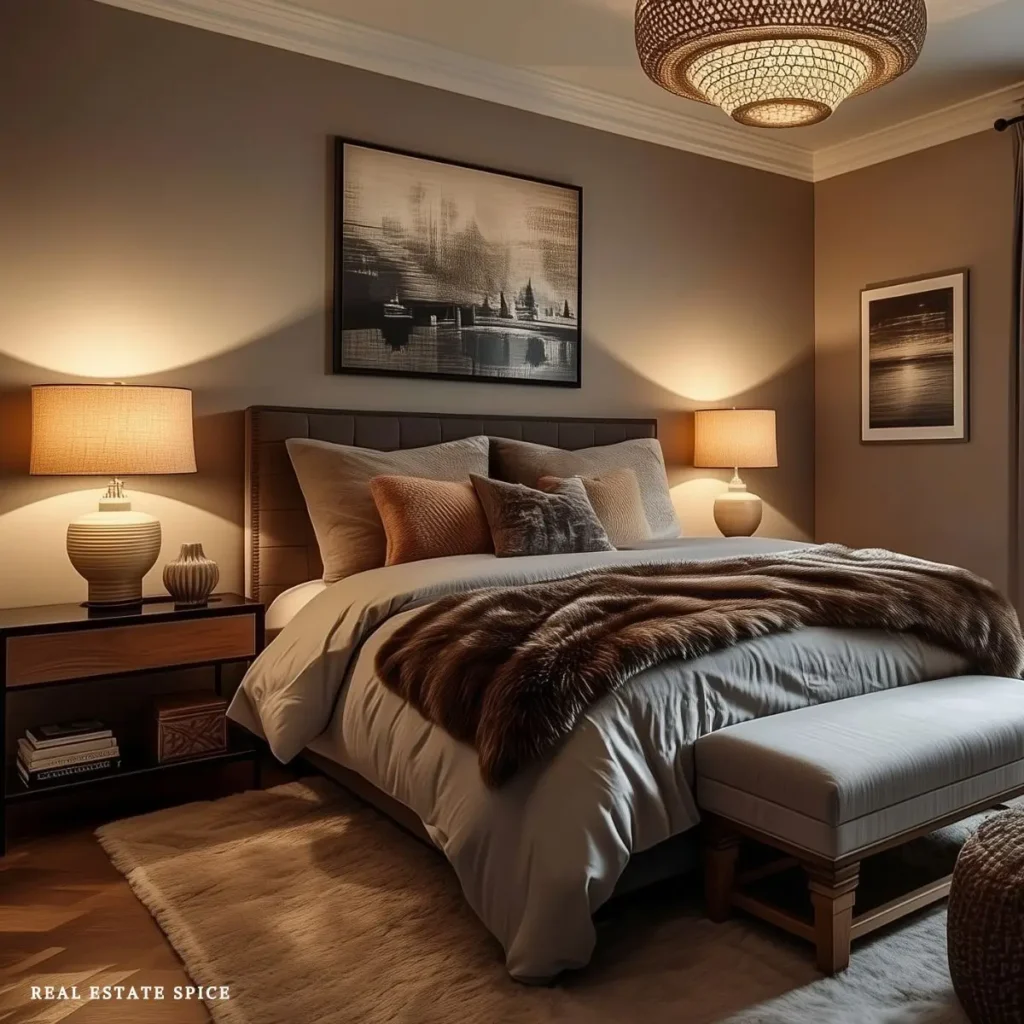 Bedroom with a ceiling light and separate bedside lamps for layered evening lighting