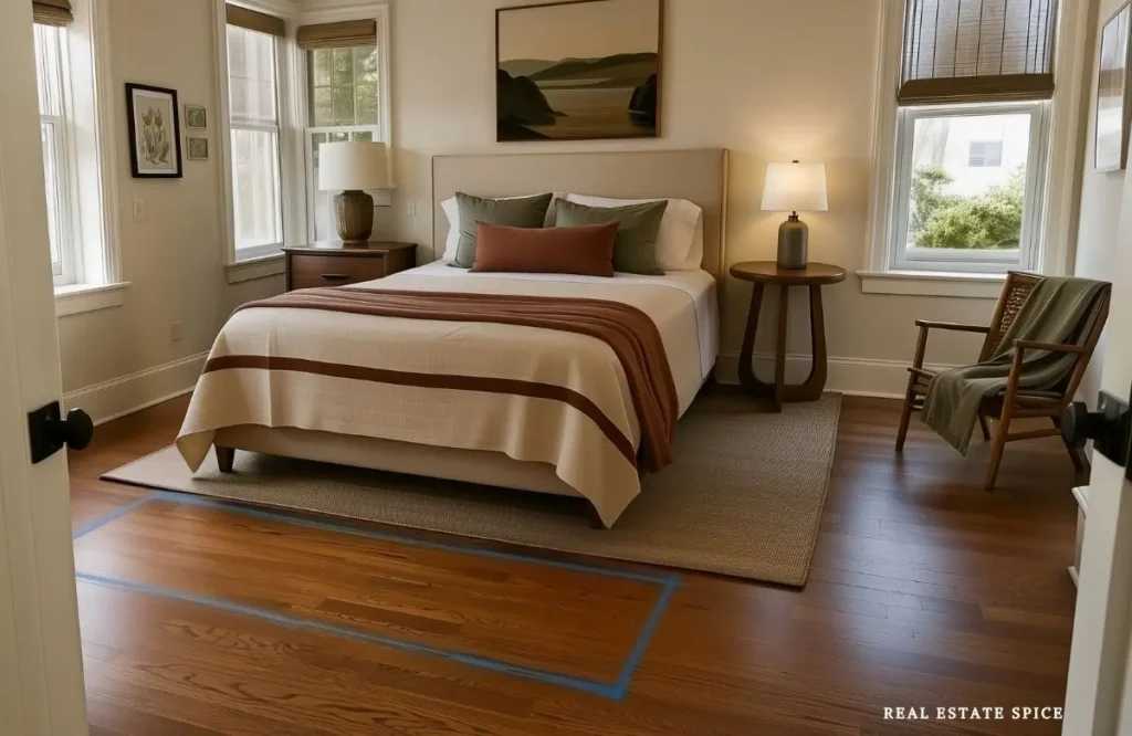 Bedroom with painter’s tape marking a possible bench footprint, a temporary bedside table, and a chair being tested