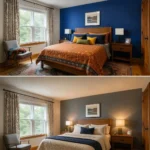 Before-and-after bedroom showing bold blue walls, colorful bedding, harsh overhead light, and a chair w laundry on it compared with calming blue-gray walls, cream bedding, and warm lamps no laundry on chair
