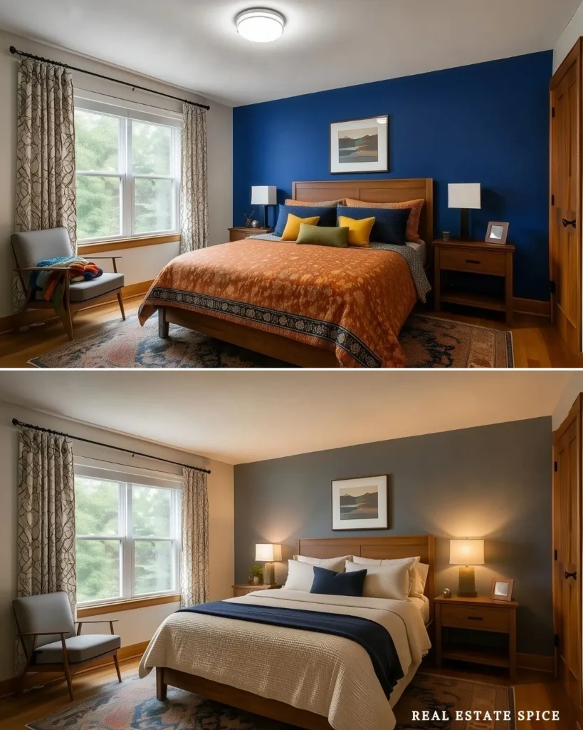 Before-and-after bedroom showing bold blue walls, colorful bedding, harsh overhead light, and a chair w laundry on it compared with calming blue-gray walls, cream bedding, and warm lamps no laundry on chair