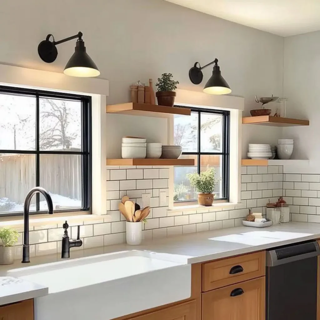 Black Farmhouse style wall sconces in kitchen above sink and kitchen counter