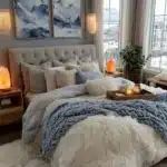 Blue-gray bedroom with cream bedding, warm wood furniture, and soft bedside lighting