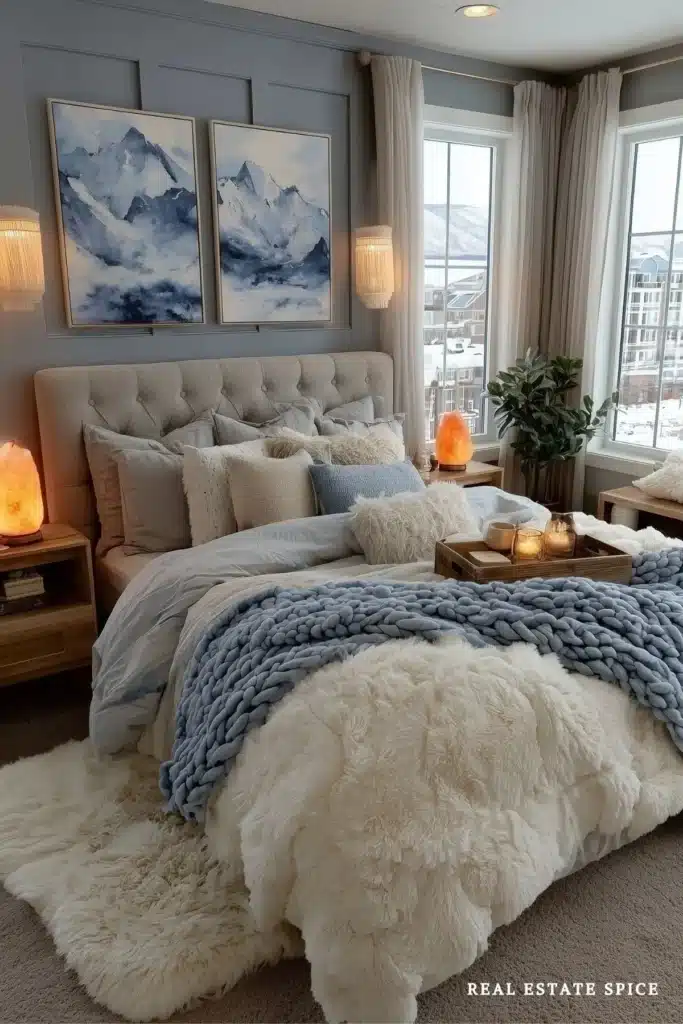 Blue-gray bedroom with cream bedding, warm wood furniture, and soft bedside lighting