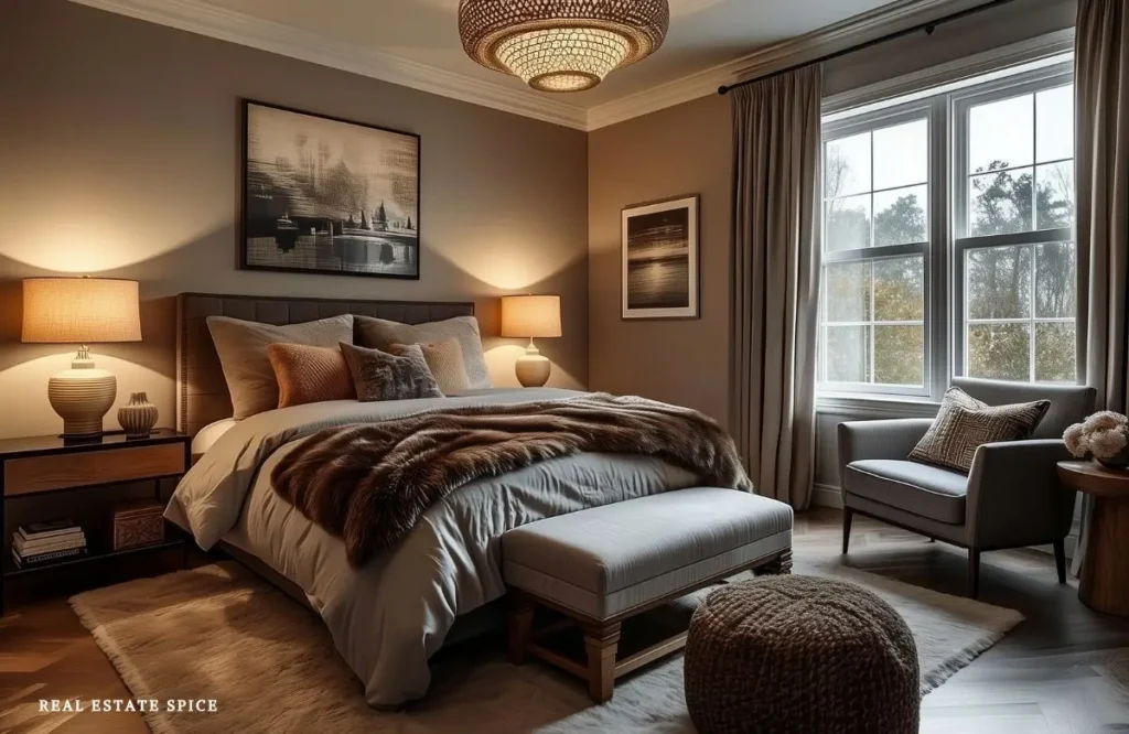 Calming bedroom with warm brown walls, layered lighting, comfortable neutral bedding, and a chair beside the window