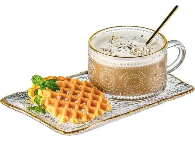 Coffee Mugs Set, Glass Cups Set with Saucer and Spoon, Clear Embossed Tea Breakfast Dessert Plate