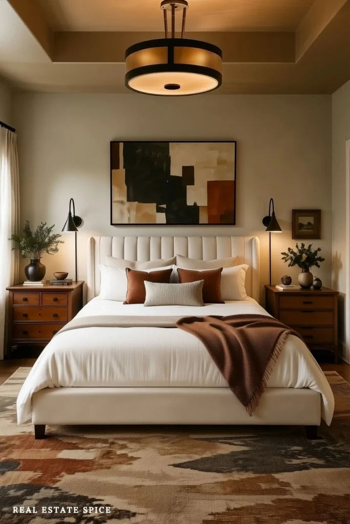 Couples bedroom blending traditional and modern styles with different walnut nightstands, black lighting, and contemporary art