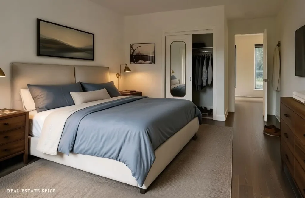 Couples bedroom with a clear morning path, wall-mounted TV, dresser, mirrored closet, and open doorway