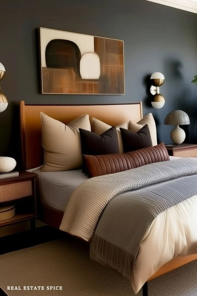 Couples bedroom with a cognac leather bed, cane nightstands, black wall sconces, abstract art, and layered neutral bedding