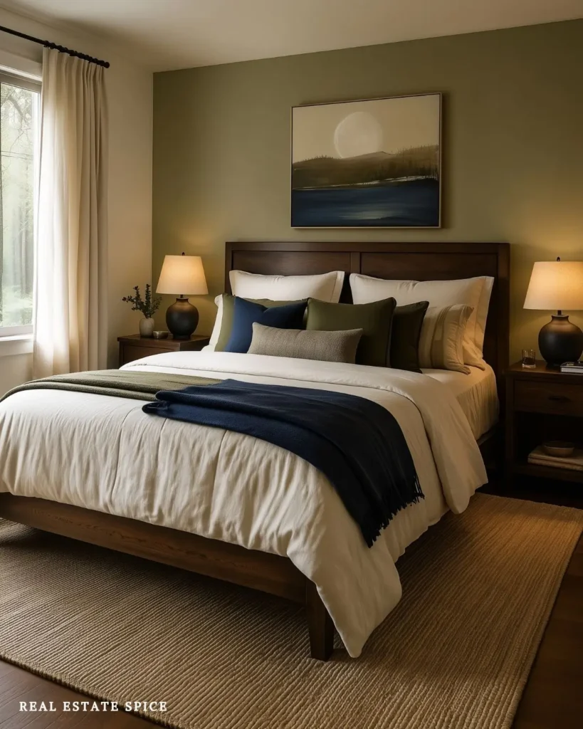 Couple’s bedroom with an olive-green painted wall, navy and olive blankets, cream bedding, dark walnut furniture, warm lamps, and moon artwork