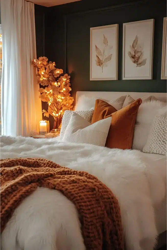Cozy Bedroom with nature wall art above the bed faux plant twinkle light faux fur blanket throw pillows