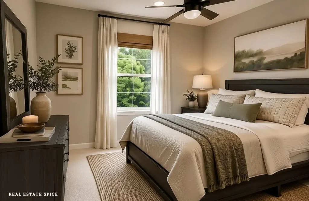 Cream and taupe bedroom with a black bed, dresser, mirror, and ceiling fan