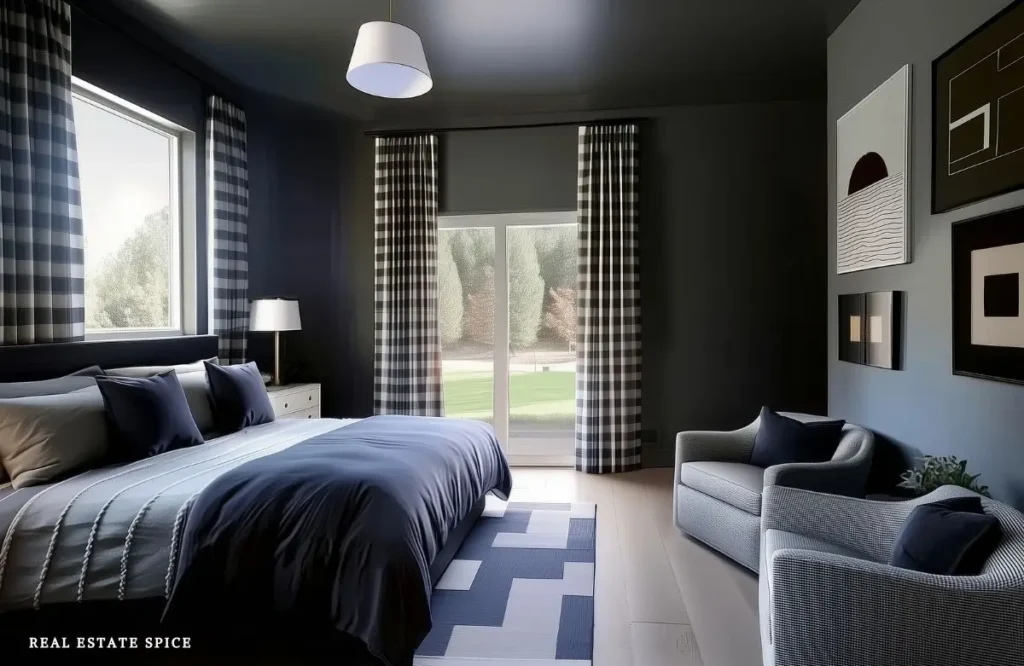 Dark blue-gray bedroom with navy bedding, checked curtains, gray chairs, and pale wood flooring