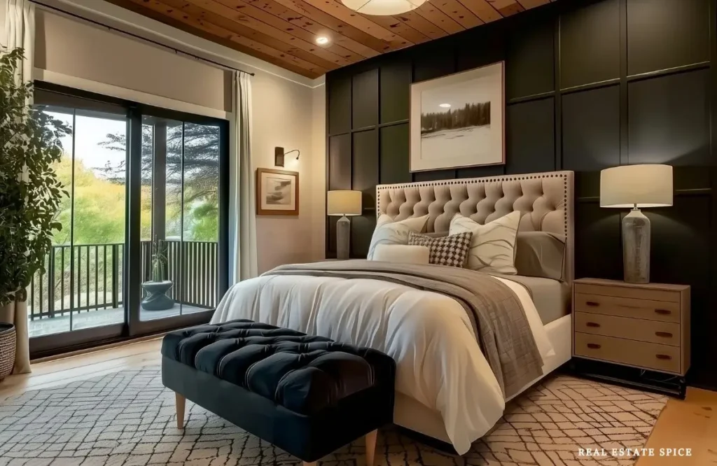 Dark charcoal bedroom with cream bedding, bedside lamps, daylight through glass doors, and a black storage bench