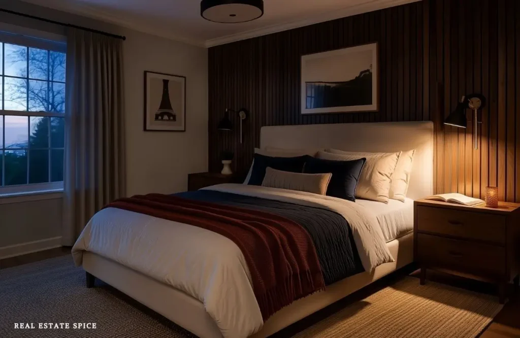 Evening couples bedroom with one adjustable bedside sconce illuminating an open book while the other bedside light remains off