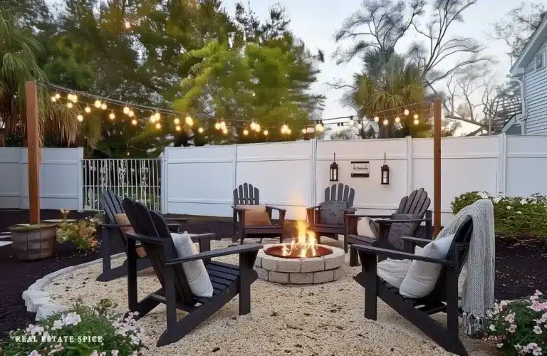 How to Create a Backyard Fire Pit Oasis backyard fire pit with chairs around it and string bulbs above