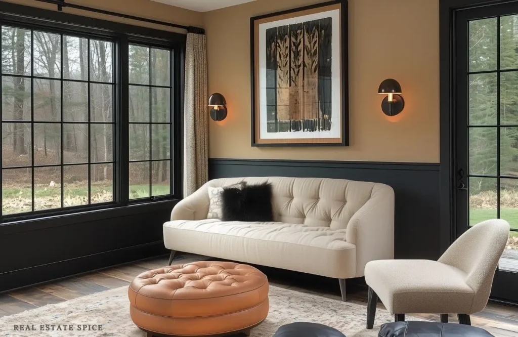 Living room with two toned wall upper wall light paint color lower half dark paint color