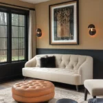 Living room with two toned wall upper wall light paint color lower half dark paint color