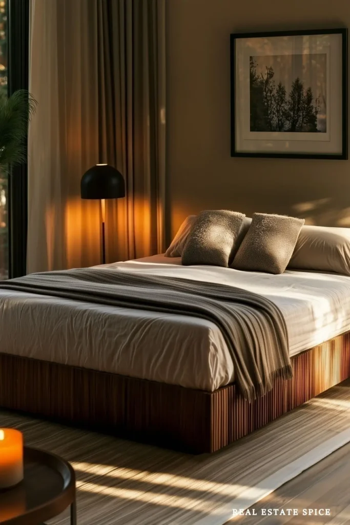 Low-profile wood platform bed with neutral bedding in a warm modern bedroom