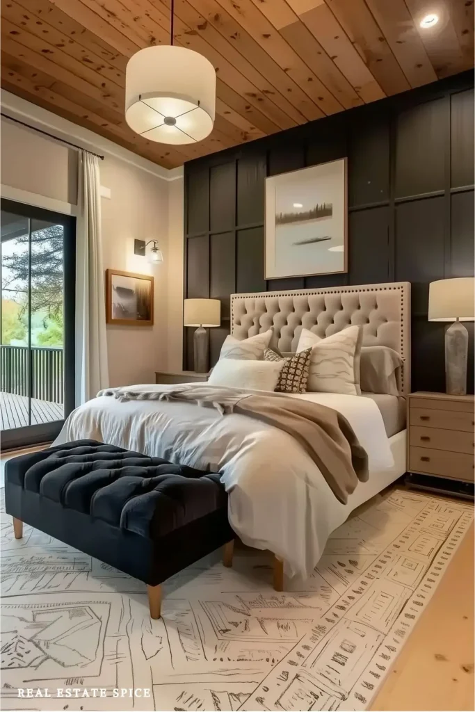 Modern bedroom with a black paneled accent wall, black upholstered bench, white bedding, and a warm wood ceiling