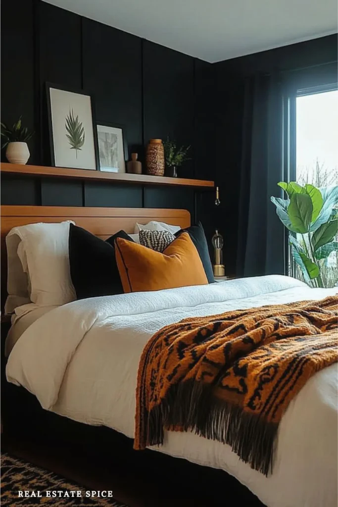 Modern bedroom with a black paneled bed wall, long wood picture ledge, white bedding, and rust-colored accents