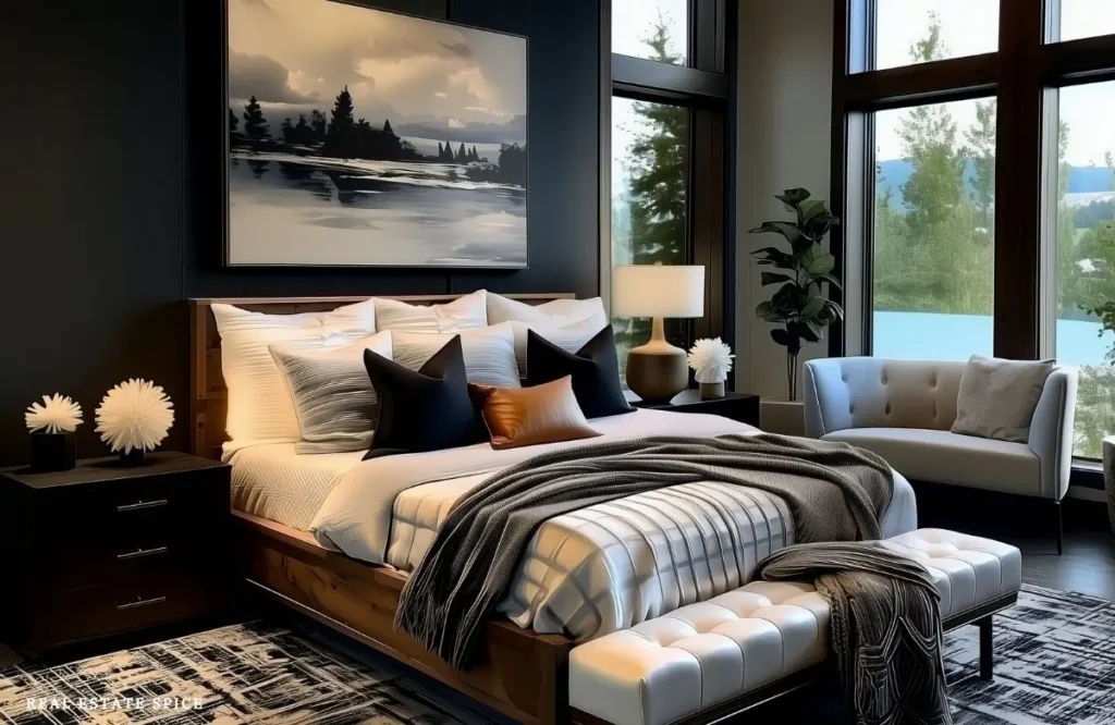 Modern bedroom with a wood bed, black nightstands, upholstered benches, and a small sofa