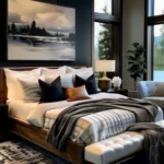 Modern bedroom with a wood bed, black nightstands, upholstered benches, and a small sofa