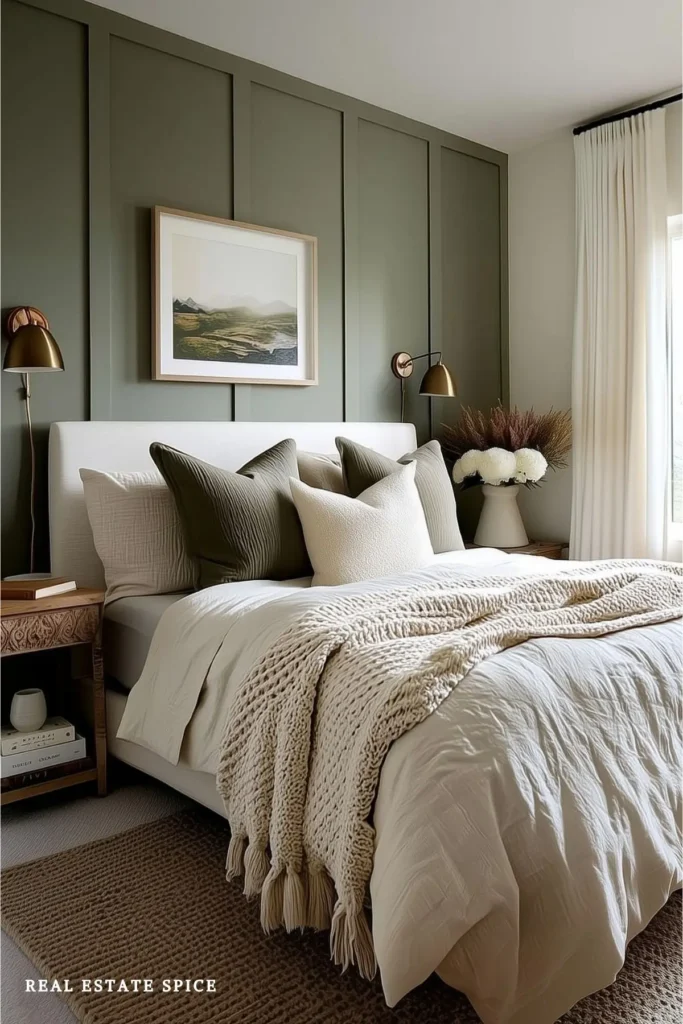 Modern bedroom with an olive-green paneled wall, matching green pillows, cream bedding, and brass wall lights