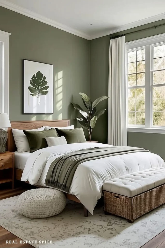 Modern bedroom with olive-green walls, white bedding, wood furniture, and a woven storage bench