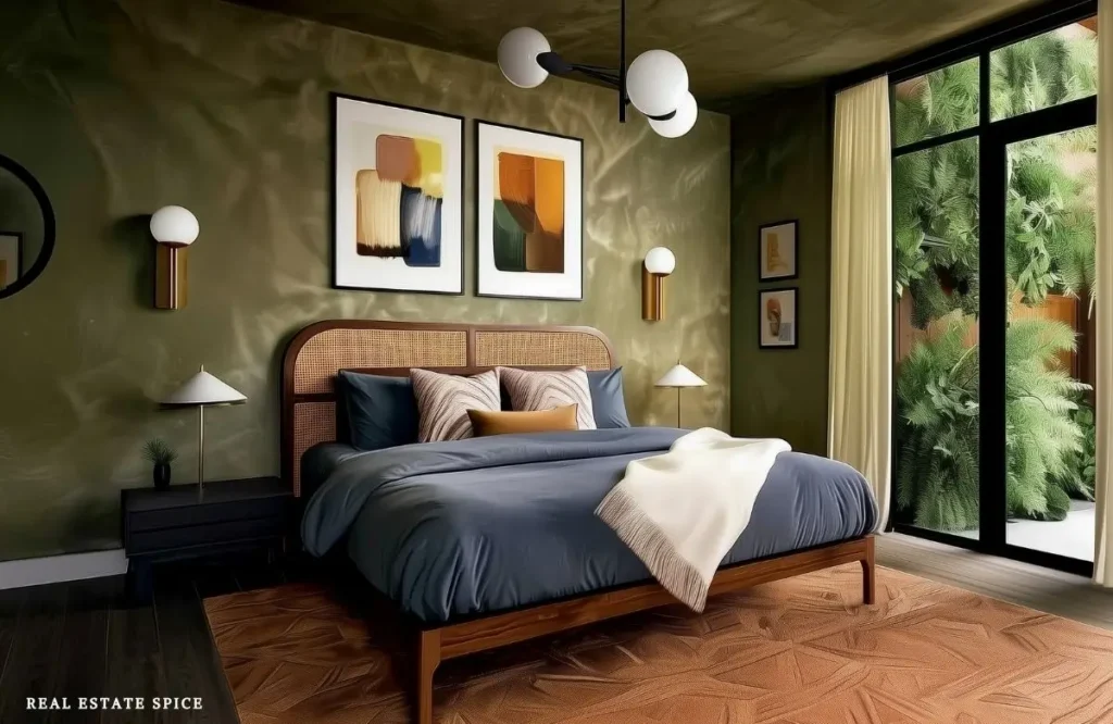 Modern couples bedroom with olive green walls, a woven cane headboard, navy bedding, and warm wood accents