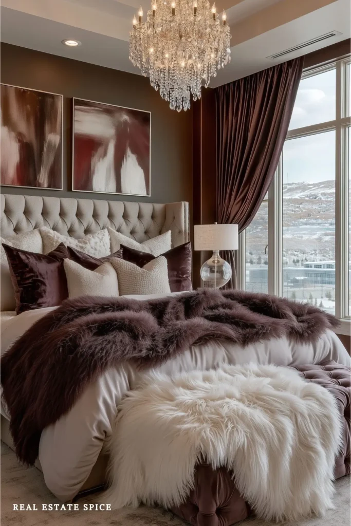 Modern glamorous bedroom with a crystal chandelier, brown accent wall, abstract artwork, tufted bed, and velvet curtains