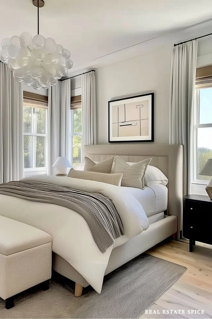 Modern neutral bedroom with a sculptural white pendant light, upholstered bed, and tall windows