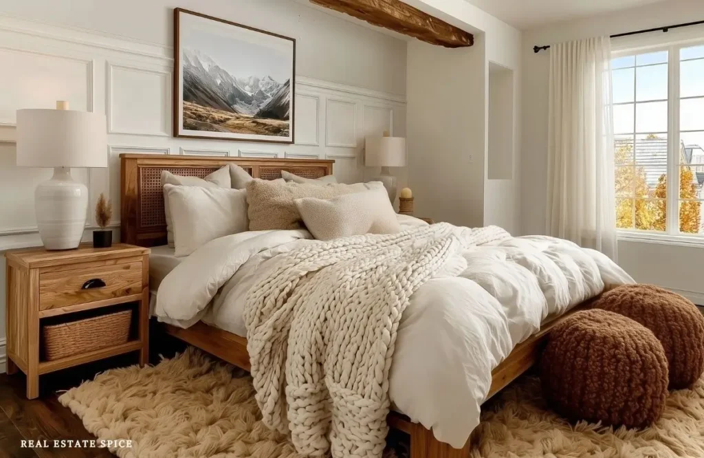 Modern wood-and-cane bed paired with a traditional wood nightstand in a warm bedroom