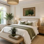 Neutral bedroom design for couples with matching nightstands, bedside lamps, green accents, and a bench