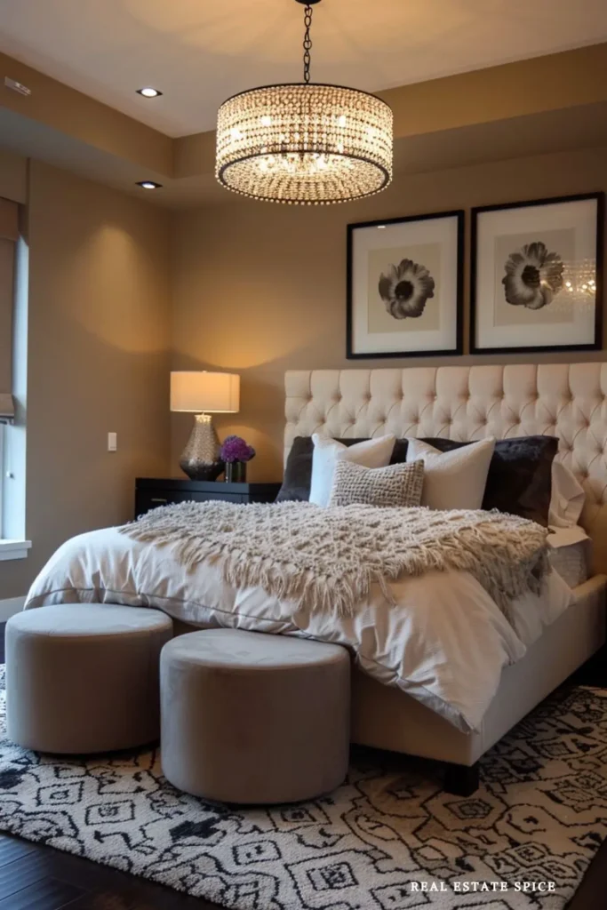 Neutral bedroom with taupe walls, cream tufted bed, layered bedding, dark accent pillows, and a patterned rug