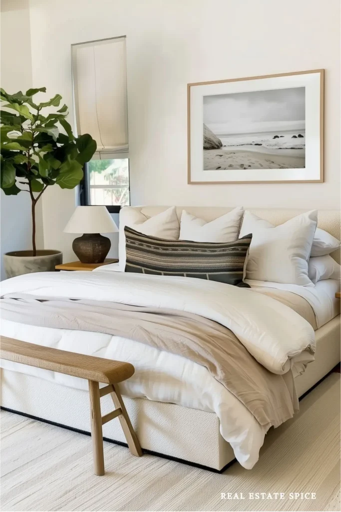 Neutral couples bedroom with layered white bedding, supportive pillows, a bedside lamp, framed art, and a narrow wood bench