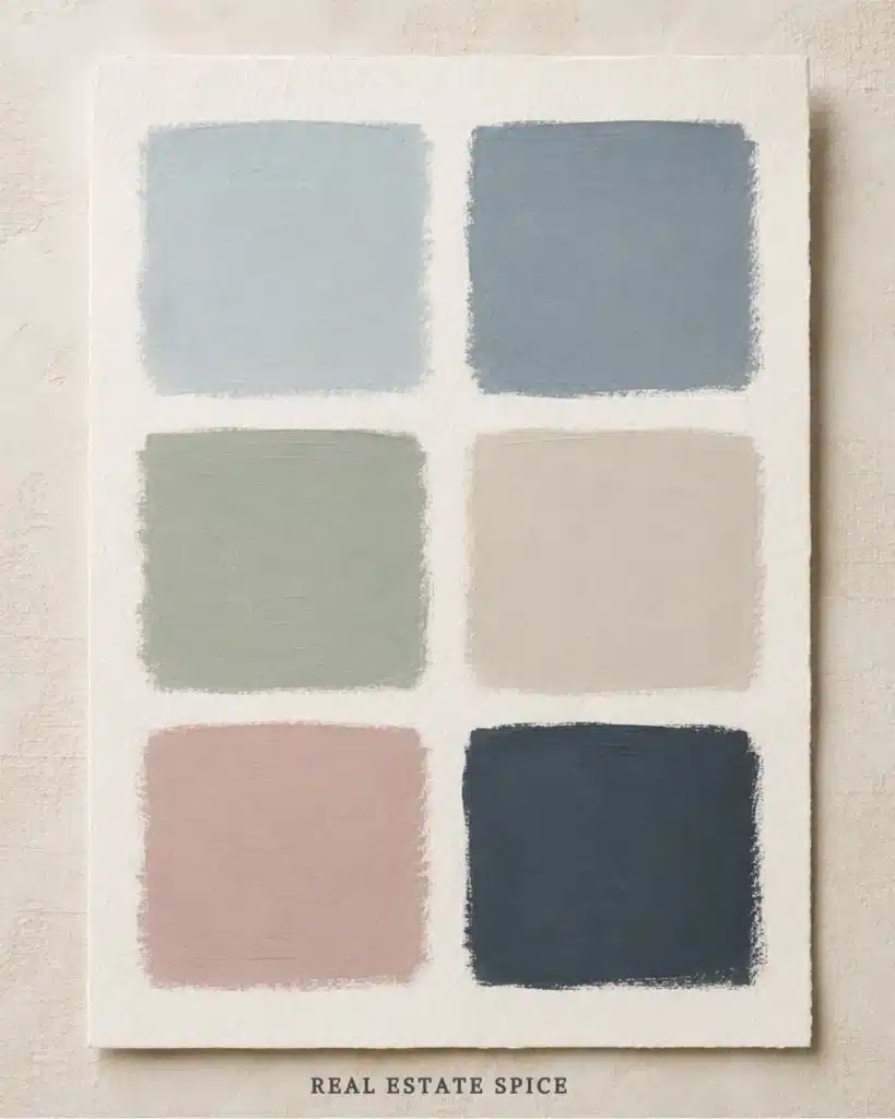 Paint swatches in soft blue, blue-gray, sage green, warm taupe, dusty rose, and deep blue-charcoal