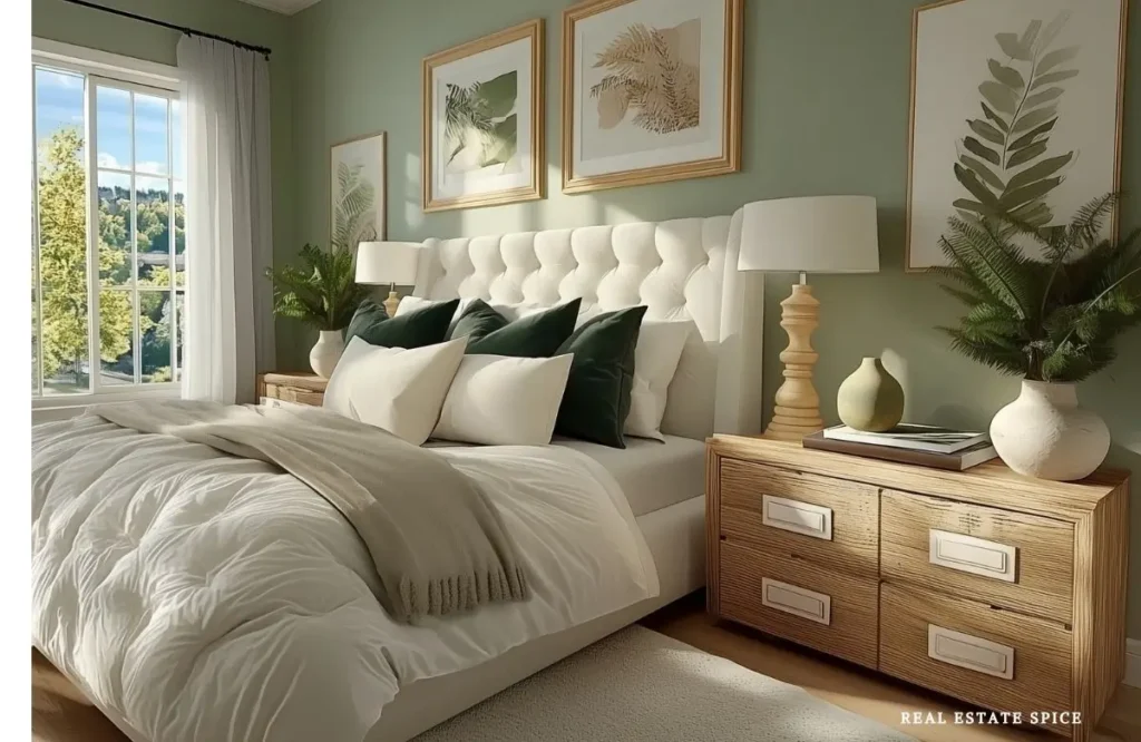 Sage green bedroom wall with cream bedding, natural wood dresser, and dark green accent pillows