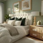 Sage green bedroom wall with cream bedding, natural wood dresser, and dark green accent pillows