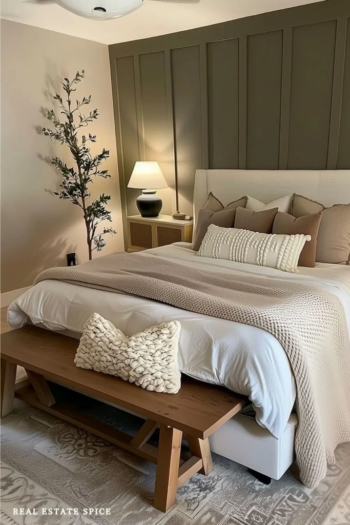Sage green bedroom with cream bedding, an upholstered bed, and a natural wood bench