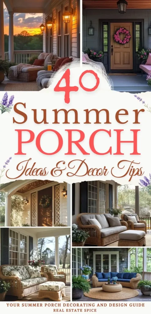Says 40 summer porch ideas and decor tips with 6 photos of summer porches with porch furniture lighting wreaths tables doormats below says your summer porch decorating and design guide