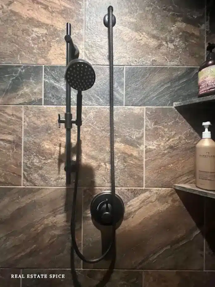 Shower Slide Bar Set and Handheld Shower Head with Hose in shower side view front view