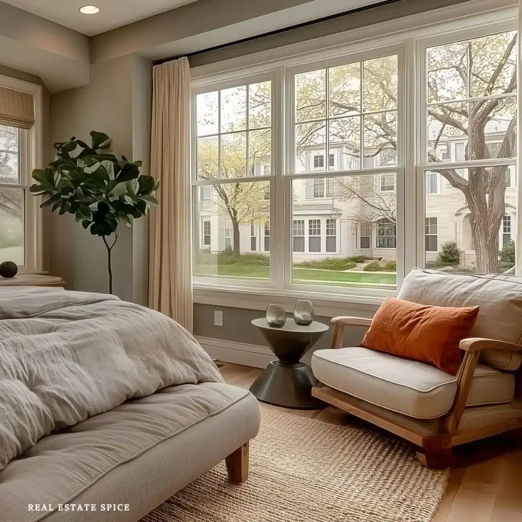 Small bedroom sitting area with a comfortable chair and side table beside the bed