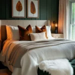 Small bedroom with a deep green paneled accent wall, neutral bedding, and botanical artwork